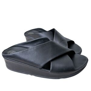 FitFlop Women's Kys Crisscross Leather Sandals Size 6 Black Comfort Wedge Slide